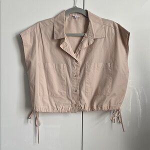 Dynamite Beige Cropped Button-Down Women's Shirt Drawstring Waist, Size M